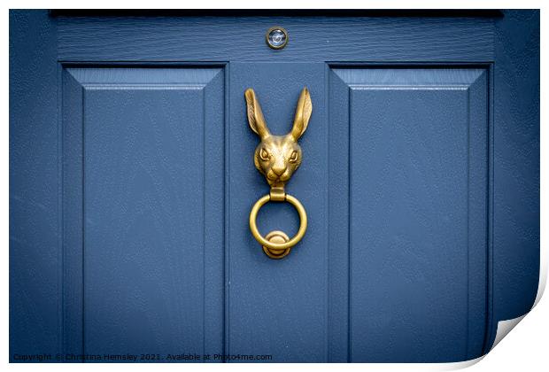 Blue wooden front door with bronze rabbit head door knocker Print by Christina Hemsley