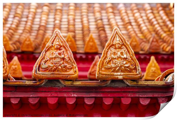 Ornate roof tiles on a temple in Bangkok, Thailand,  Print by Christina Hemsley