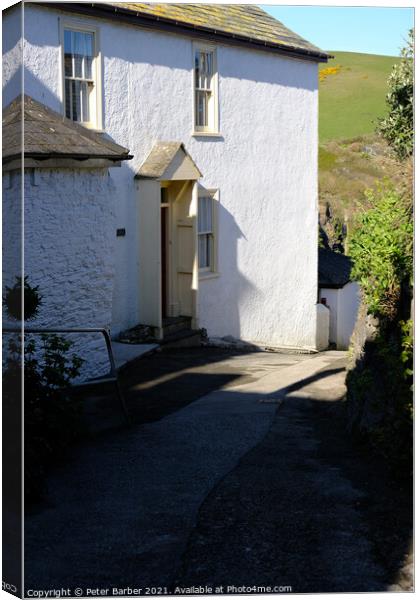 A house on a narrow street in Port Isaac. Canvas Print by Peter Barber