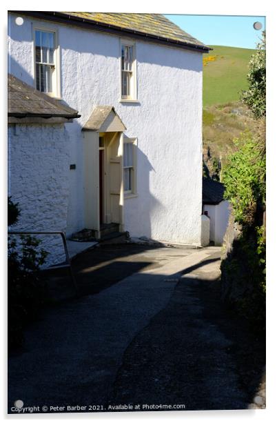 A house on a narrow street in Port Isaac. Acrylic by Peter Barber