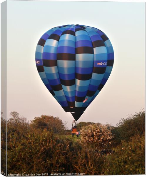 Multi Blue Hot Air Balloon Landing  Canvas Print by Sandra Day