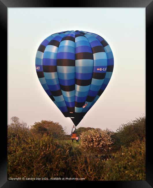 Multi Blue Hot Air Balloon Landing  Framed Print by Sandra Day