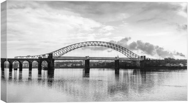Runcorn Bridges spanning the Mersey Estuary in monochrome Canvas Print by Jason Wells
