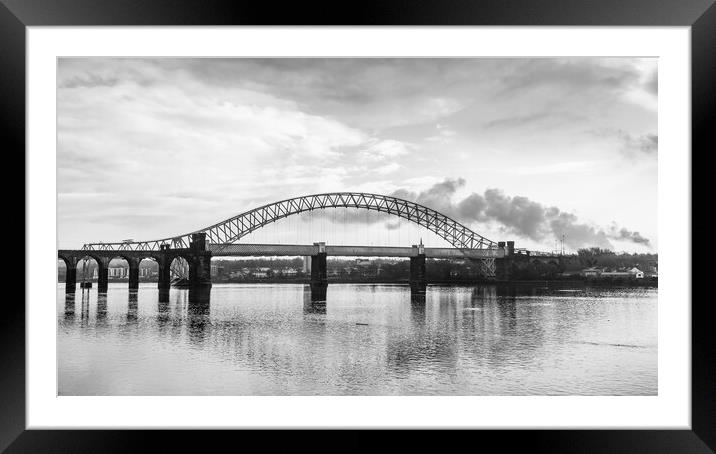 Runcorn Bridges spanning the Mersey Estuary in monochrome Framed Mounted Print by Jason Wells
