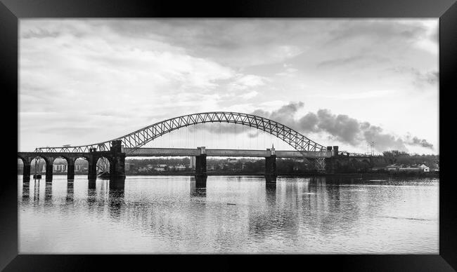 Runcorn Bridges spanning the Mersey Estuary in monochrome Framed Print by Jason Wells