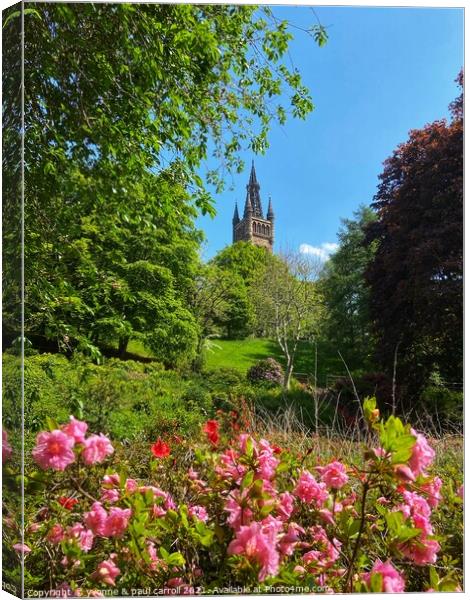Glasgow University tower behind the azaleas  Canvas Print by yvonne & paul carroll
