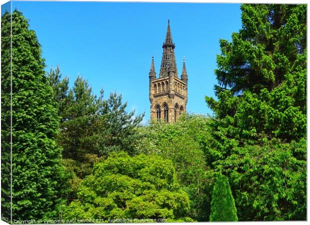 Glasgow University tower rising above the trees in Kelvingrove Park Canvas Print by yvonne & paul carroll