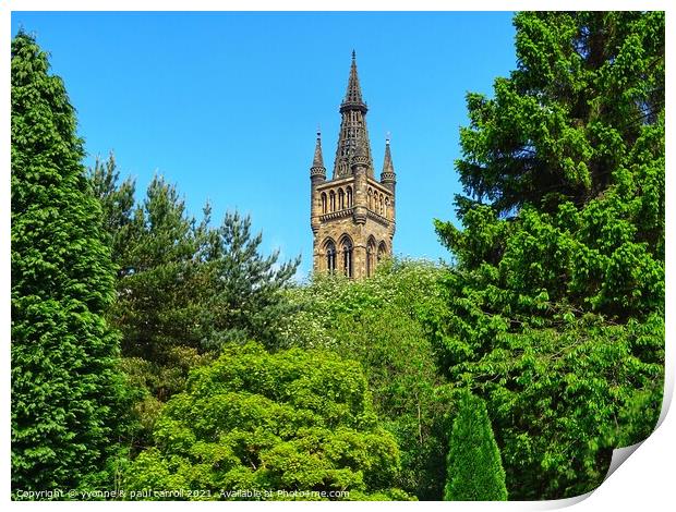 Glasgow University tower rising above the trees in Kelvingrove Park Print by yvonne & paul carroll