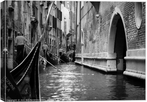 Traffic jam in Venice in monochrome Canvas Print by Ann Biddlecombe