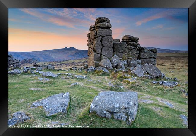 Rocks on Hound Tor at sunrise Framed Print by Andrew Ray