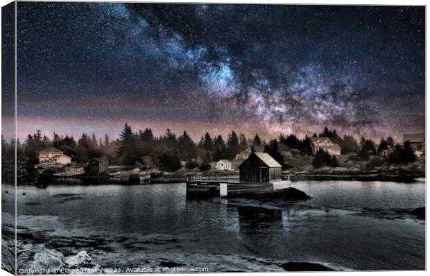 Night Sky over Fishing Village  Canvas Print by Elaine Manley