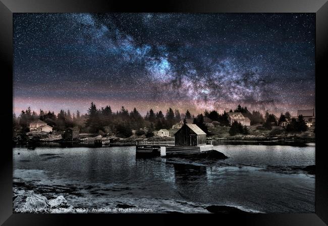 Night Sky over Fishing Village  Framed Print by Elaine Manley