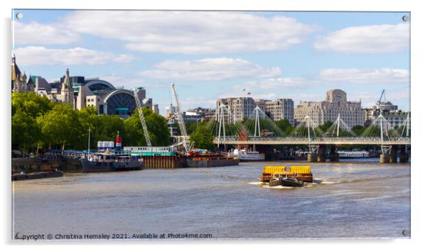 London, 14th May 2020: A tug boat pulling fright on the Thames  Acrylic by Christina Hemsley
