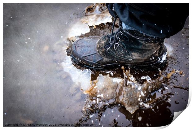 Boot cracking through an ice puddle Print by Christina Hemsley
