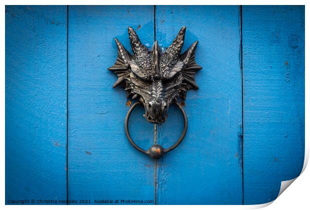 Dragon head door knocker Print by Christina Hemsley