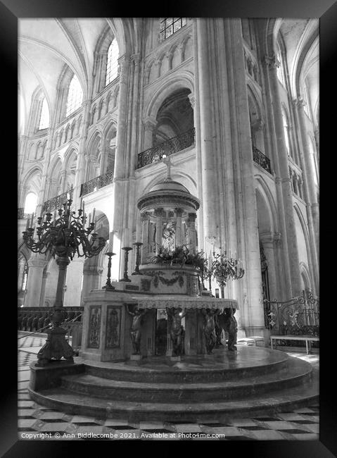 At the Alter in Noyon Cathedral in monochrome Framed Print by Ann Biddlecombe