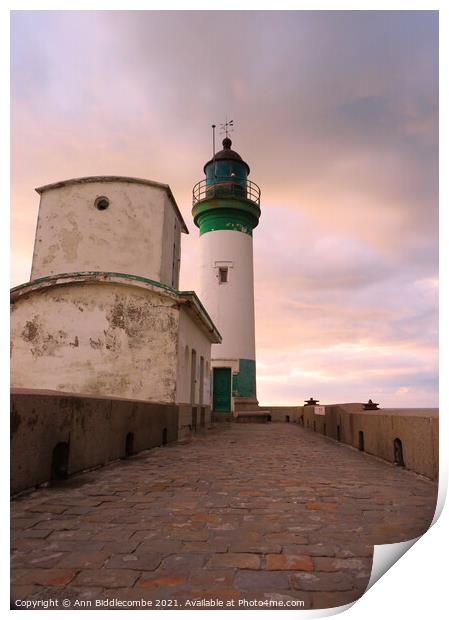 Lighthouse of Le Treport under stormy skys Print by Ann Biddlecombe