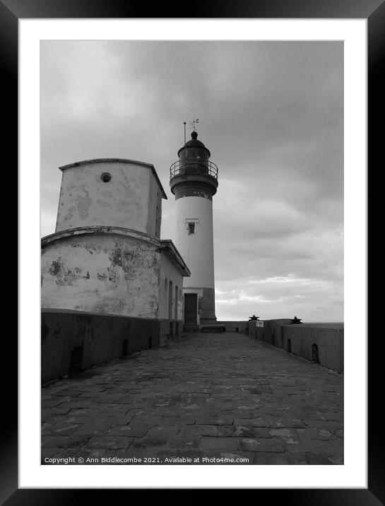 Lighthouse of Le Treport under stormy skys in mono Framed Mounted Print by Ann Biddlecombe