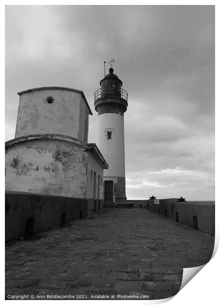 Lighthouse of Le Treport under stormy skys in mono Print by Ann Biddlecombe
