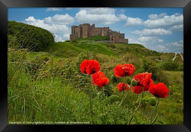 Bamburgh castle in the summer with the poppies Framed Print by Jenny Hibbert