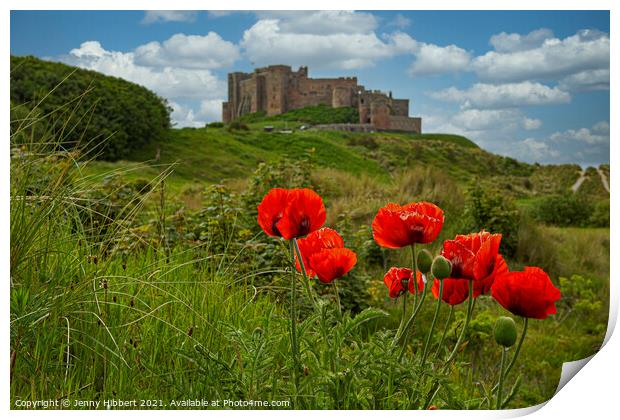 Bamburgh castle in the summer with the poppies Print by Jenny Hibbert