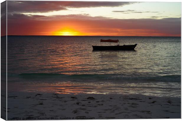 Sunset behind a boat on a body of water Canvas Print by Dietmar Rauscher