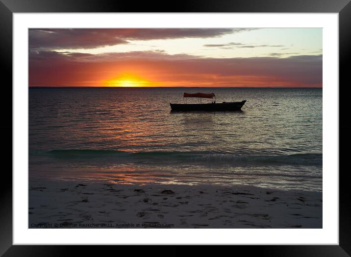 Sunset behind a boat on a body of water Framed Mounted Print by Dietmar Rauscher
