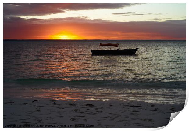 Sunset behind a boat on a body of water Print by Dietmar Rauscher