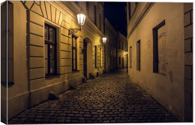 Retezova Street in Prague at Night, a Mysterious, Dark Cobblesto Canvas Print by Dietmar Rauscher