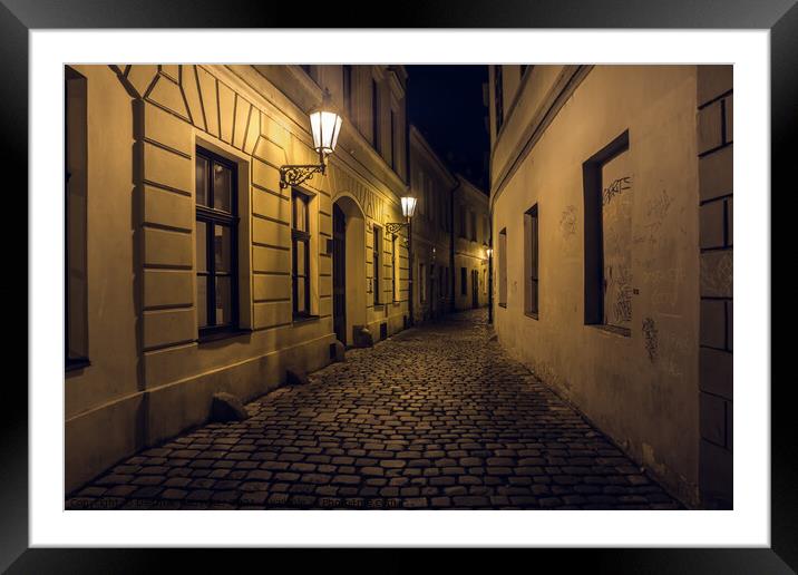 Retezova Street in Prague at Night, a Mysterious, Dark Cobblesto Framed Mounted Print by Dietmar Rauscher
