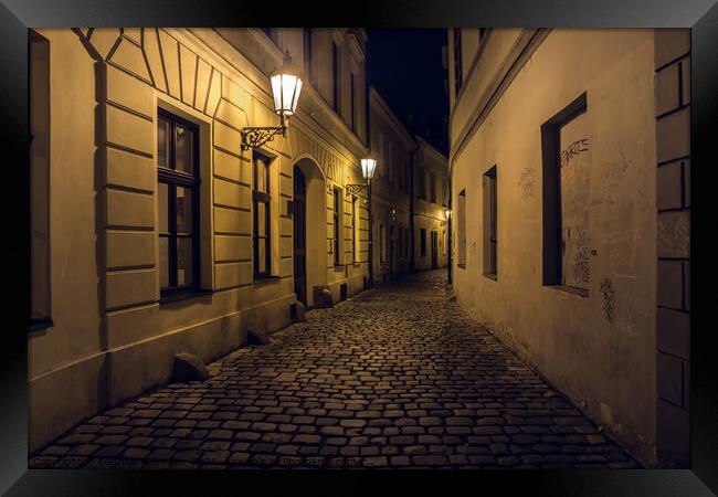 Retezova Street in Prague at Night, a Mysterious, Dark Cobblesto Framed Print by Dietmar Rauscher