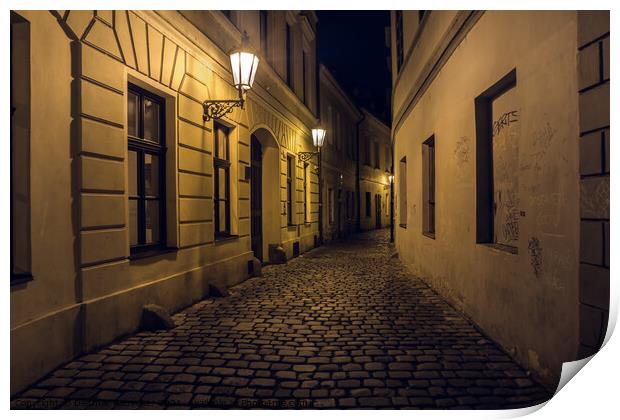 Retezova Street in Prague at Night, a Mysterious, Dark Cobblesto Print by Dietmar Rauscher