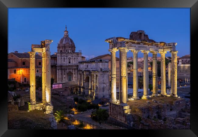 Ancient Temple Ruins At Night In Rome Framed Print by Artur Bogacki