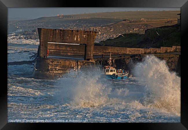 Stormy evening at Craster harbour Northumberland Framed Print by Jenny Hibbert