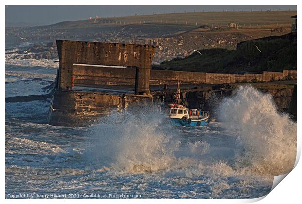 Stormy evening at Craster harbour Northumberland Print by Jenny Hibbert
