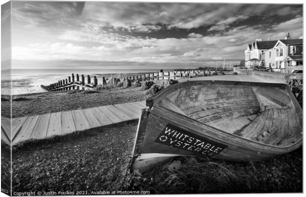 Oyster boat on the seafront at Whitstable, Kent Canvas Print by Justin Foulkes