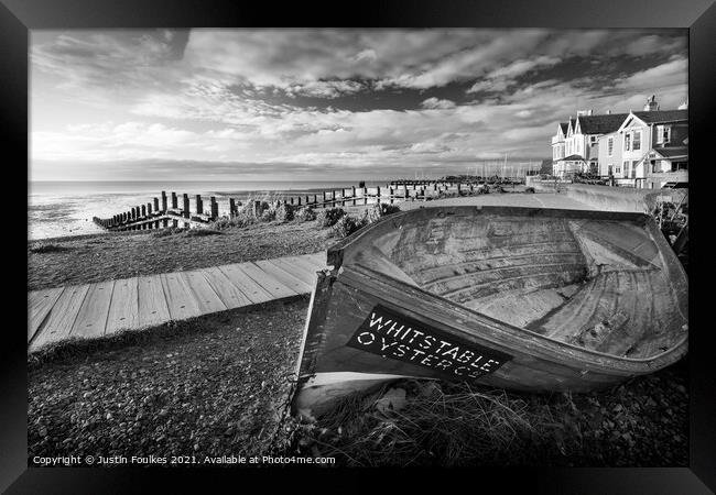 Oyster boat on the seafront at Whitstable, Kent Framed Print by Justin Foulkes