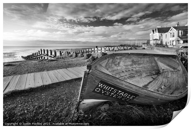 Oyster boat on the seafront at Whitstable, Kent Print by Justin Foulkes