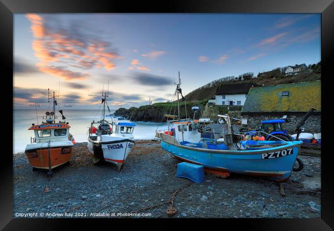 Boats on Cadgwith Cove Beach  Framed Print by Andrew Ray