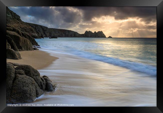 Shaft of light (Porthcurno Beach) Framed Print by Andrew Ray