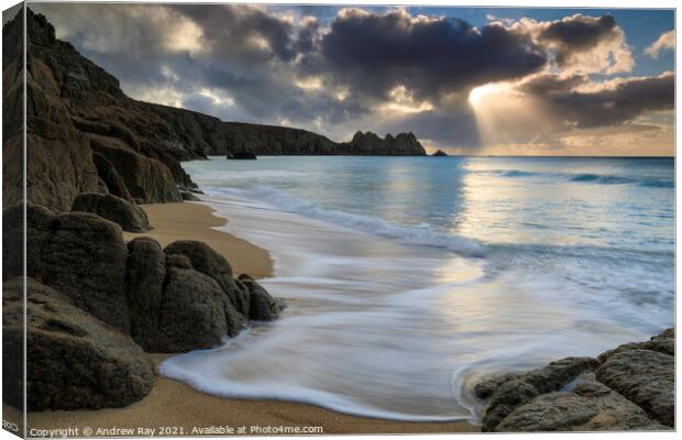 Light shafts at Porthcurno Canvas Print by Andrew Ray