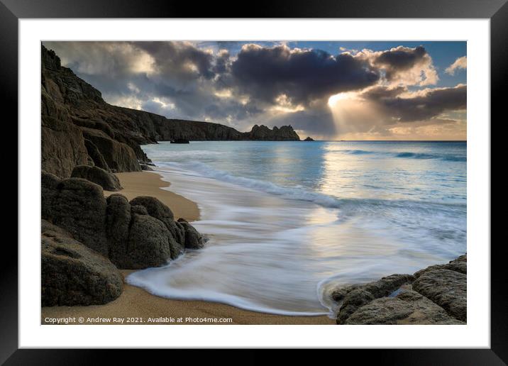 Light shafts at Porthcurno Framed Mounted Print by Andrew Ray