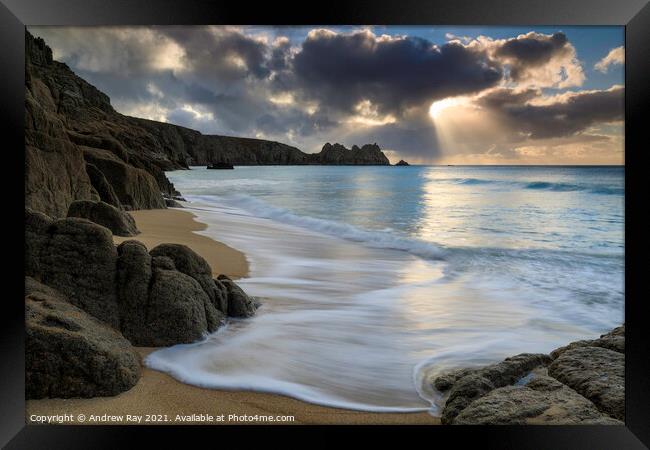 Light shafts at Porthcurno Framed Print by Andrew Ray