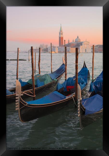 Moored Gondolas in Venice Framed Print by Dietmar Rauscher