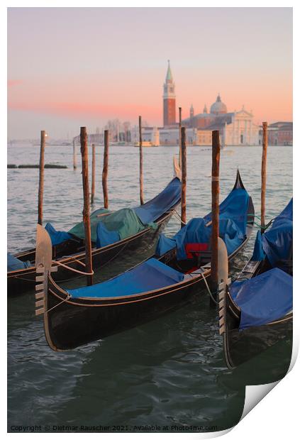 Moored Gondolas in Venice Print by Dietmar Rauscher