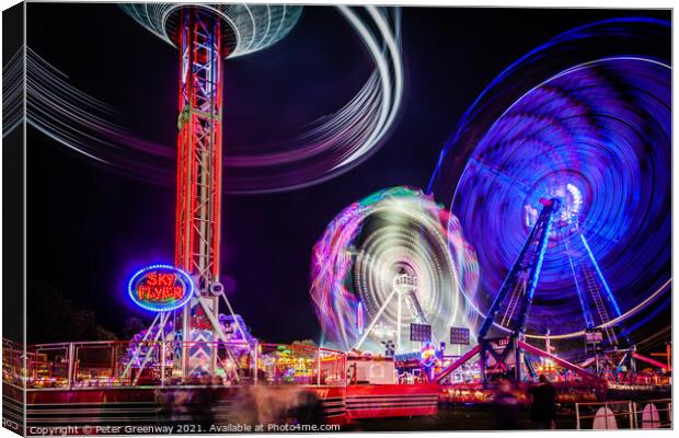 Witney Feast - 'Sky Flyer', 'Cage Rocker' and 'Air' Fairground Rides Canvas Print by Peter Greenway