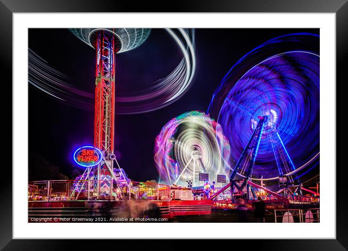 Witney Feast - 'Sky Flyer', 'Cage Rocker' and 'Air' Fairground Rides Framed Mounted Print by Peter Greenway