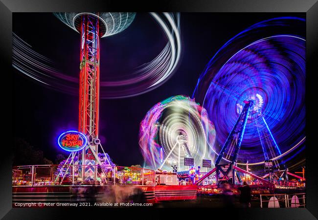 Witney Feast - 'Sky Flyer', 'Cage Rocker' and 'Air' Fairground Rides Framed Print by Peter Greenway