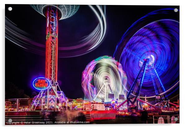 Witney Feast - 'Sky Flyer', 'Cage Rocker' and 'Air' Fairground Rides Acrylic by Peter Greenway