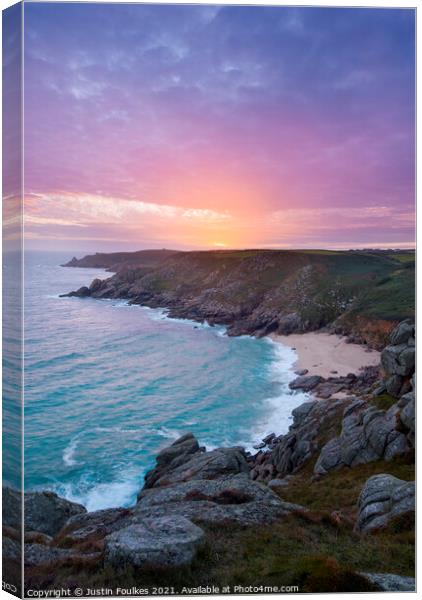 Porthchapel beach at sunset, Cornwall Canvas Print by Justin Foulkes